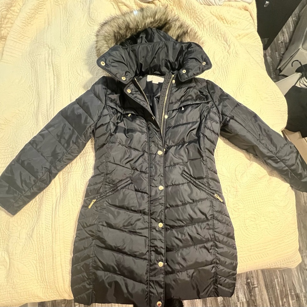 Michael Kors Black Puffer Coat with Faux Fur Hood